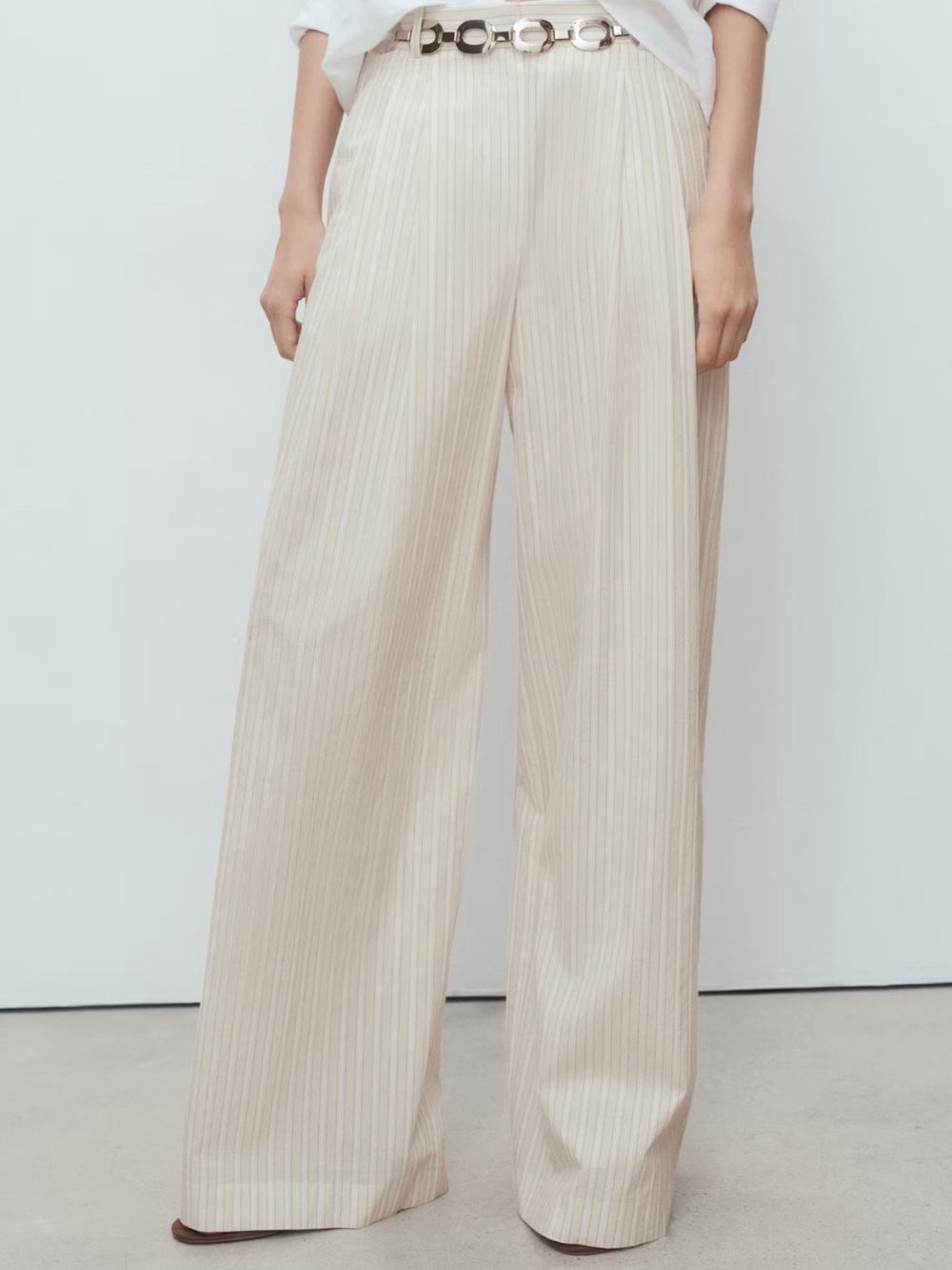 NWT Mango Sz 8 / Wide-Leg Striped Cream Trousers